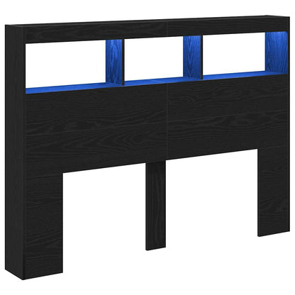 Headboard Cabinet with LED Black Oak 140x17x102 cm
