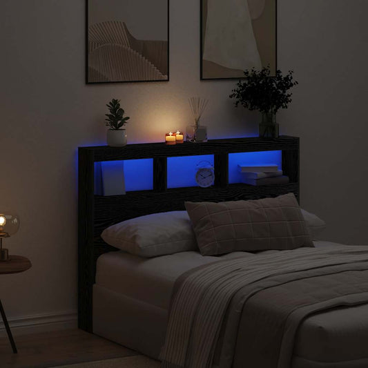 Headboard Cabinet with LED Black Oak 140x17x102 cm