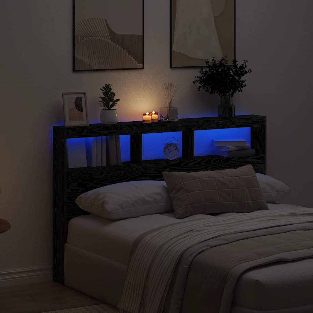 Headboard Cabinet with LED Black Oak 160x17x102 cm