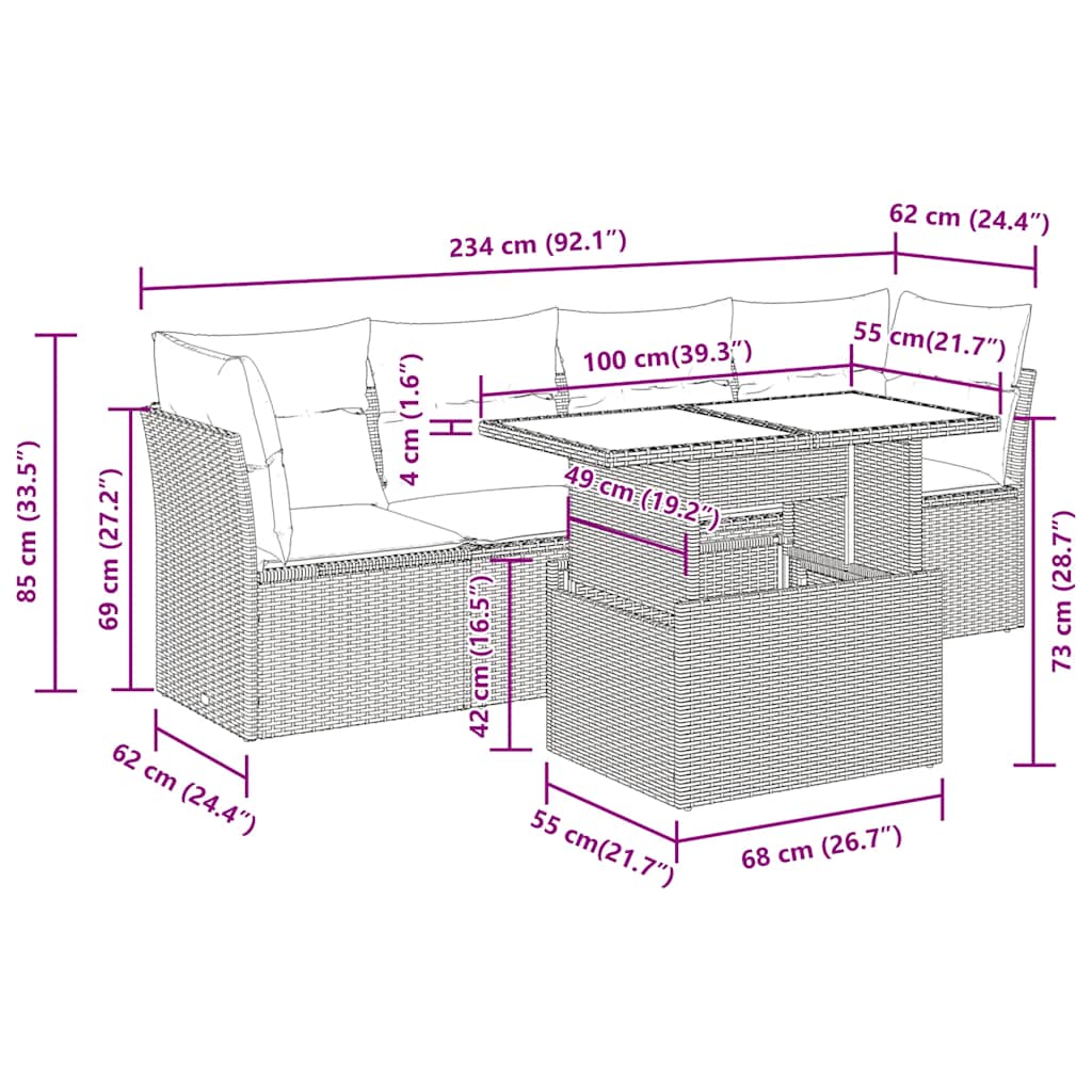 5 Piece Garden Sofa Set with Cushions Grey Poly Rattan Acacia