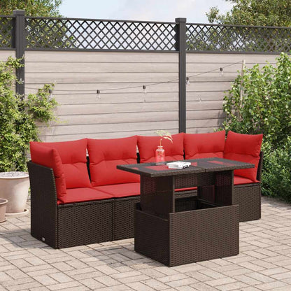 5 Piece Garden Sofa Set with Cushions Brown Poly Rattan Acacia