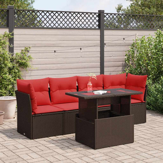 5 Piece Garden Sofa Set with Cushions Brown Poly Rattan Acacia