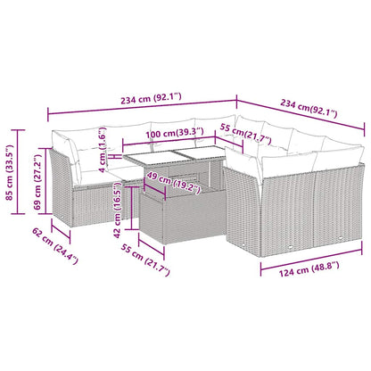 9 Piece Garden Sofa Set with Cushions Grey Poly Rattan Acacia