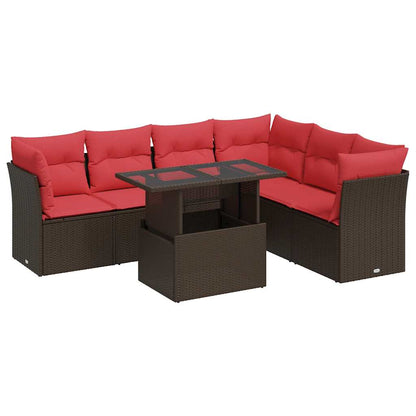7 Piece Garden Sofa Set with Cushions Brown Poly Rattan Acacia