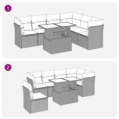 7 Piece Garden Sofa Set with Cushions Brown Poly Rattan Acacia