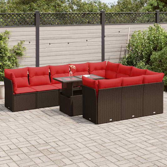 11 Piece Garden Sofa Set with Cushions Brown Poly Rattan Acacia