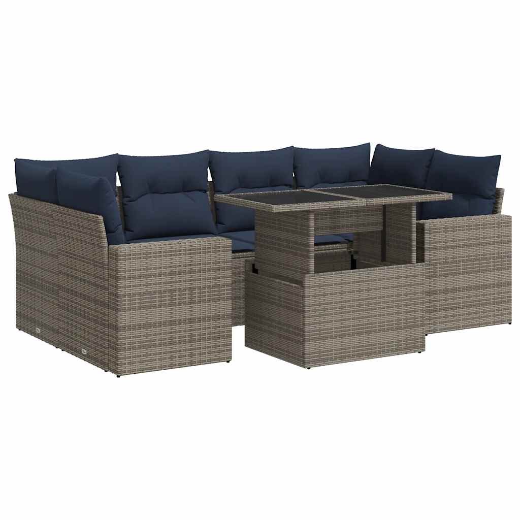 7 Piece Garden Sofa Set with Cushions Grey Poly Rattan Acacia