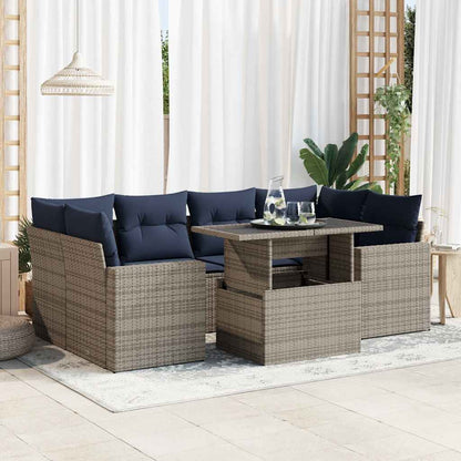 7 Piece Garden Sofa Set with Cushions Grey Poly Rattan Acacia