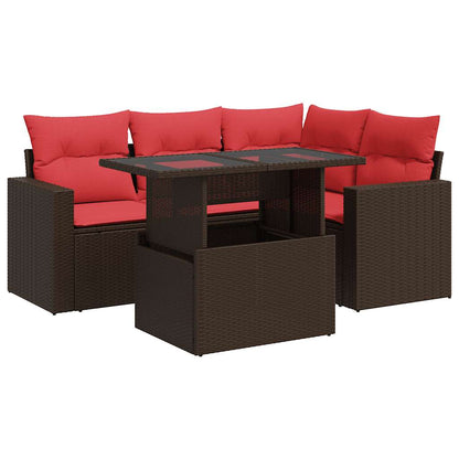 5 Piece Garden Sofa Set with Cushions Brown Poly Rattan Acacia