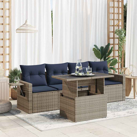 5 Piece Garden Sofa Set with Cushions Grey Poly Rattan