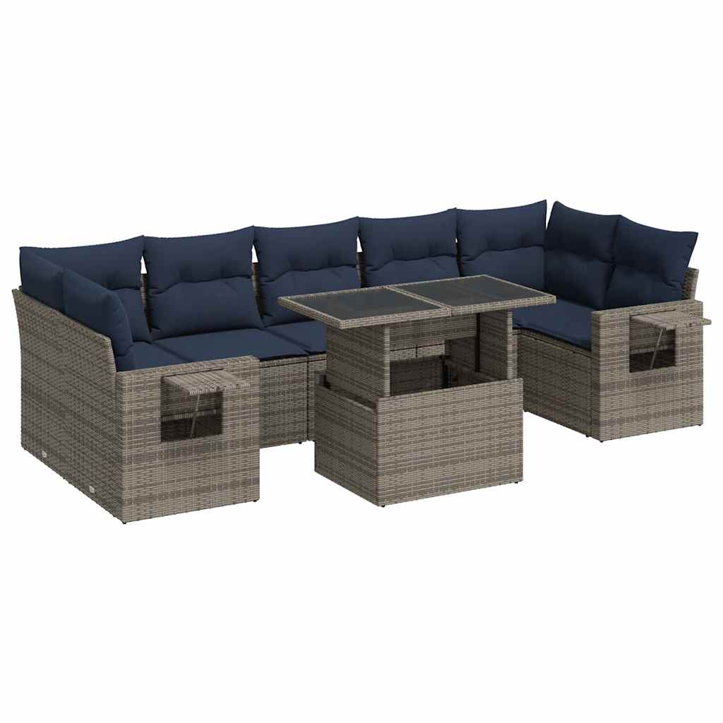 8 Piece Garden Sofa Set with Cushions Grey Poly Rattan Acacia