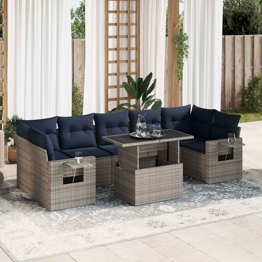 8 Piece Garden Sofa Set with Cushions Grey Poly Rattan Acacia
