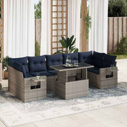 8 Piece Garden Sofa Set with Cushions Grey Poly Rattan Acacia