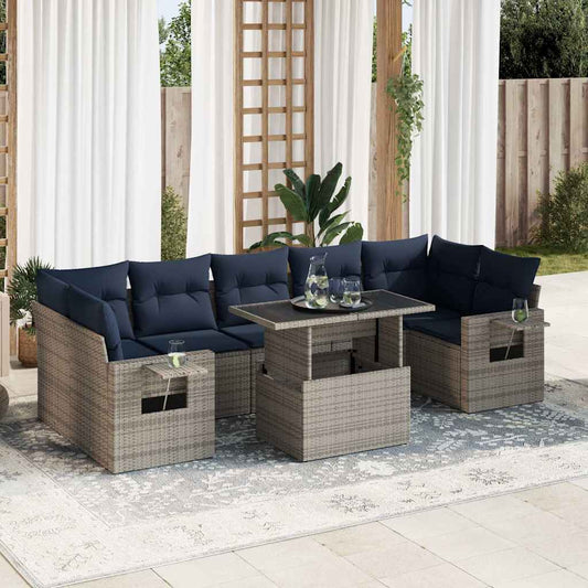 8 Piece Garden Sofa Set with Cushions Grey Poly Rattan Acacia
