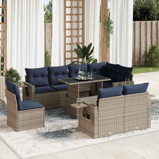 9 Piece Garden Sofa Set with Cushions Grey Poly Rattan