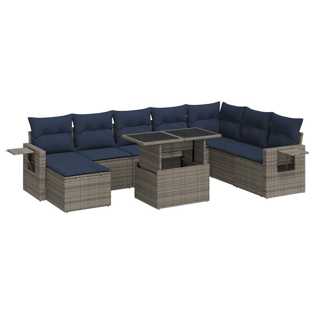 9 Piece Garden Sofa Set with Cushions Grey Poly Rattan Acacia