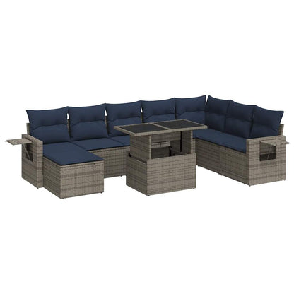 9 Piece Garden Sofa Set with Cushions Grey Poly Rattan Acacia