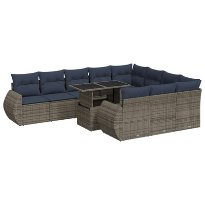 11 Piece Garden Sofa Set with Cushions Grey Poly Rattan Acacia