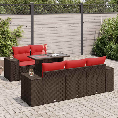 6 Piece Garden Sofa Set with Cushions Brown Poly Rattan Acacia