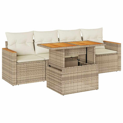 5 Piece Garden Sofa Set with Cushions Beige Poly Rattan Acacia