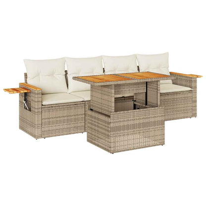 5 Piece Garden Sofa Set with Cushions Beige Poly Rattan Acacia