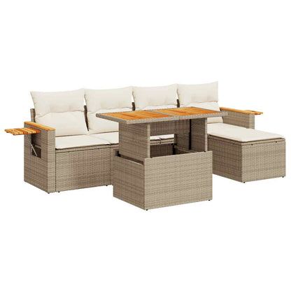 6 Piece Garden Sofa Set with Cushions Beige Poly Rattan Acacia