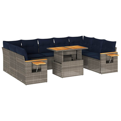 10 Piece Garden Sofa Set with Cushions Grey Poly Rattan Acacia