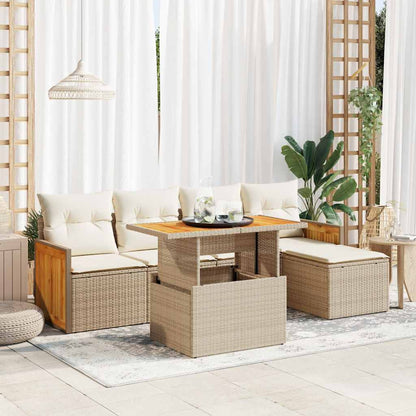 6 Piece Garden Sofa Set with Cushions Beige Poly Rattan Acacia