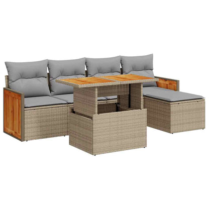 6 Piece Garden Sofa Set with Cushions Beige Poly Rattan Acacia