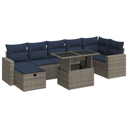 8 Piece Garden Sofa Set with Cushions Grey Poly Rattan Acacia
