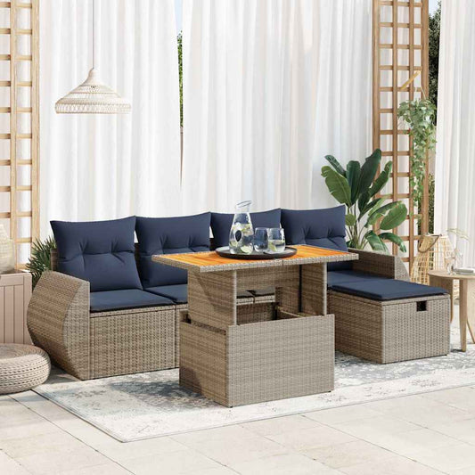 6 Piece Garden Sofa Set with Cushions Black Poly Rattan Acacia