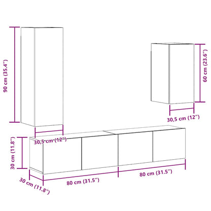 4 Piece TV Cabinet Set Wall-mounted Old Wood Engineered Wood