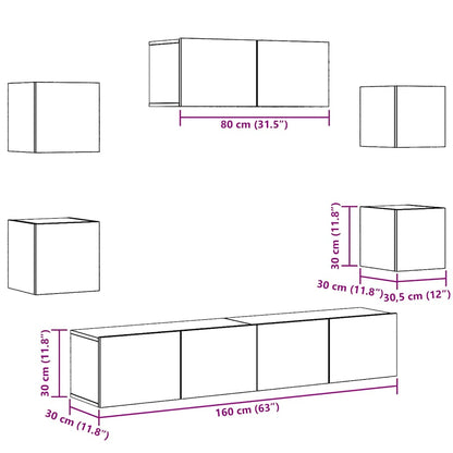 5 Piece TV Cabinet Set Wall-mounted Old Wood