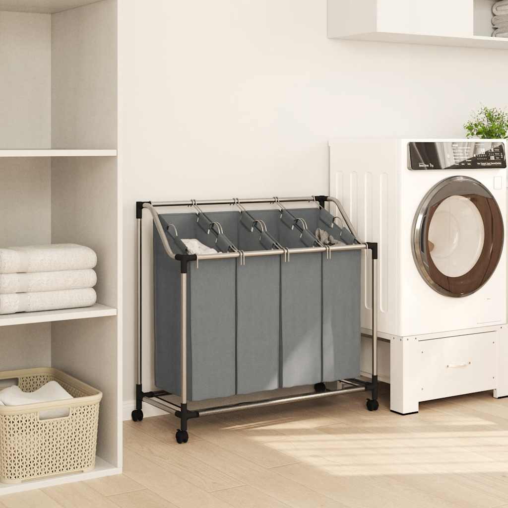 Laundry Basket with Wheels 4 Compartments Grey