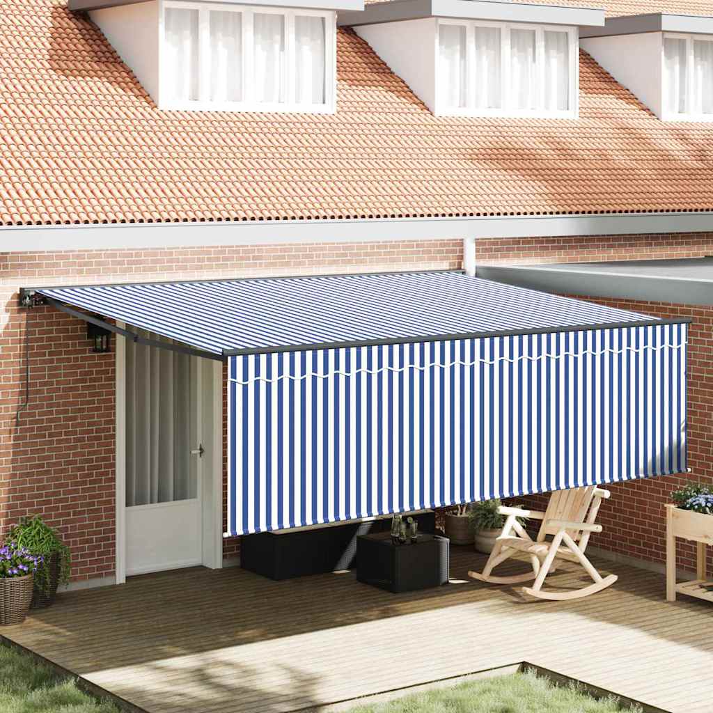 Retractable Awning Manual Blue and white 450 x 300 cm Fabric
