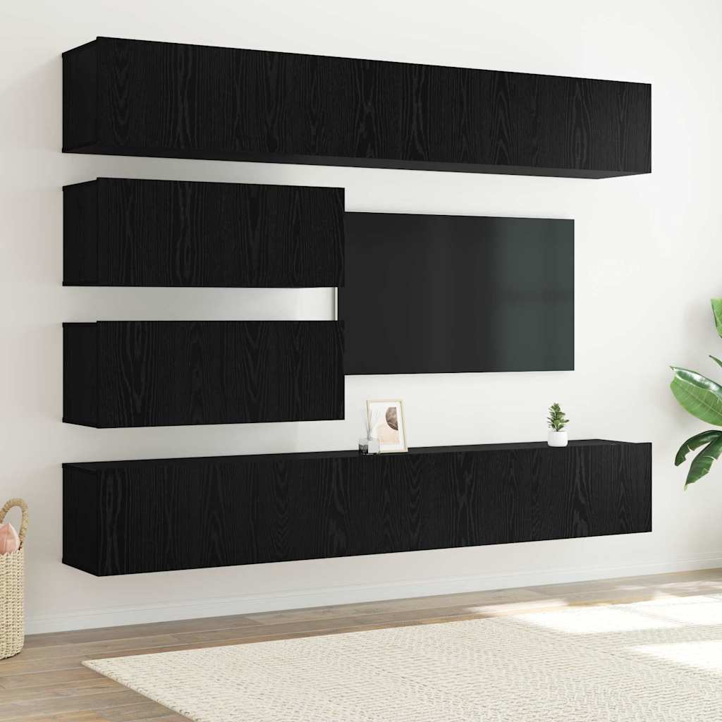 TV Cabinet Set Wall-mounted 6 pcs Black oak Engineered Wood