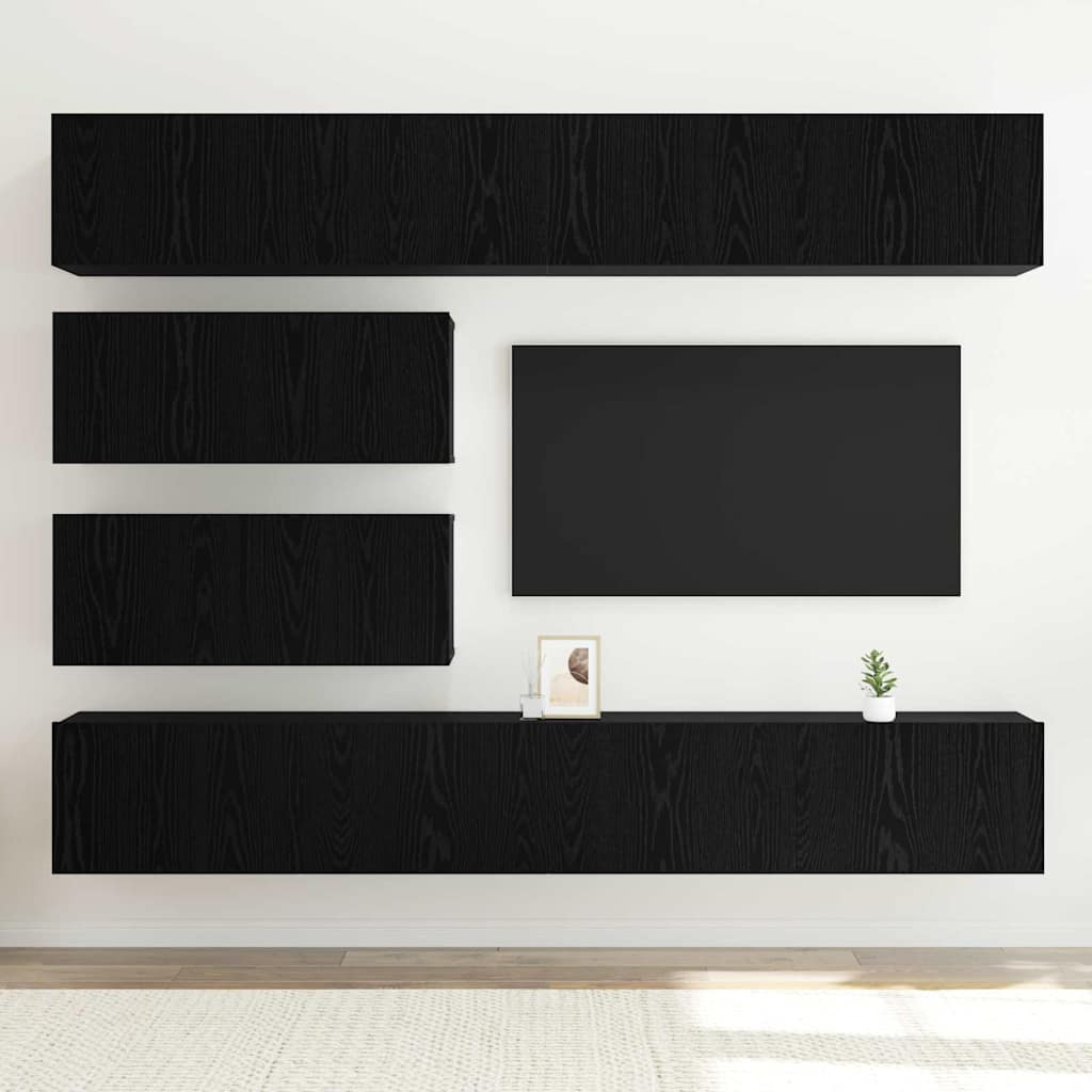 TV Cabinet Set Wall-mounted 6 pcs Black oak Engineered Wood