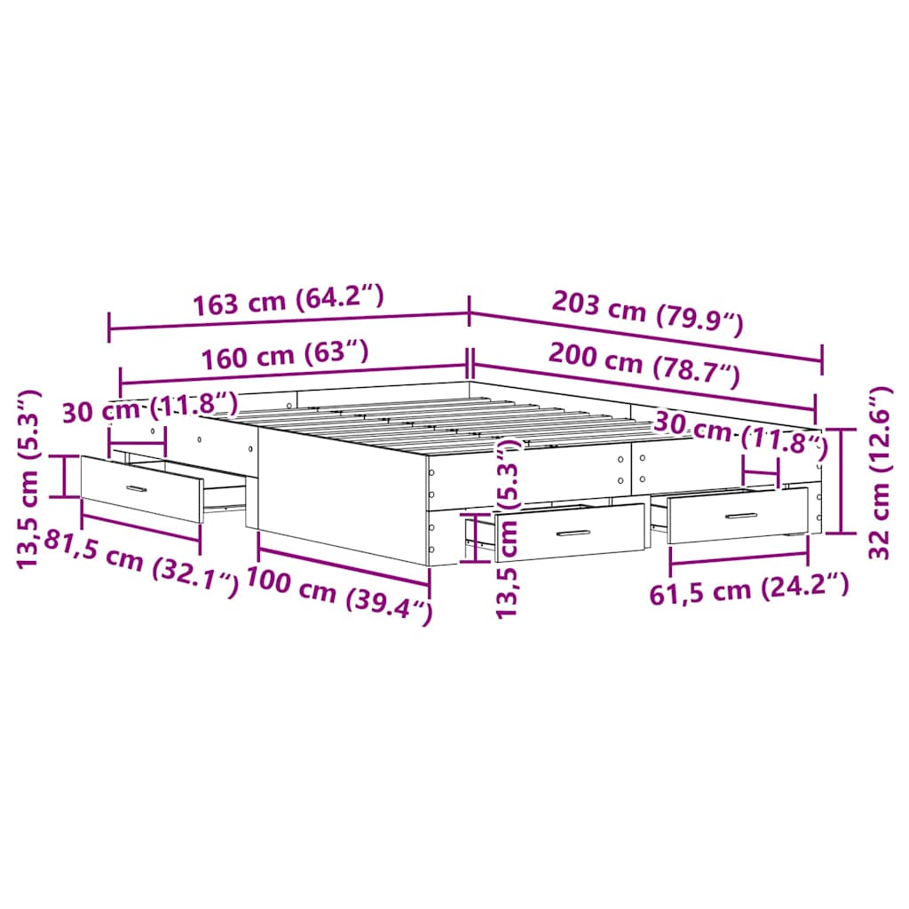 Bed Frame with Drawer Black Oak 160 x 200 cm Engineered Wood