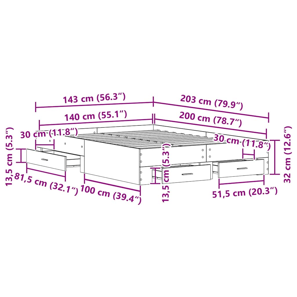 Bed Frame with Drawer Black Oak 140 x 200 cm Engineered Wood