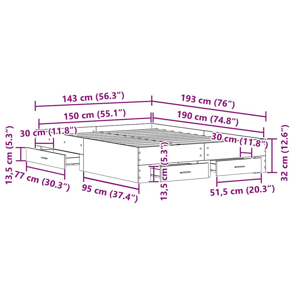 Bed Frame with Drawer Old Wood 140 x 190 cm Engineered Wood