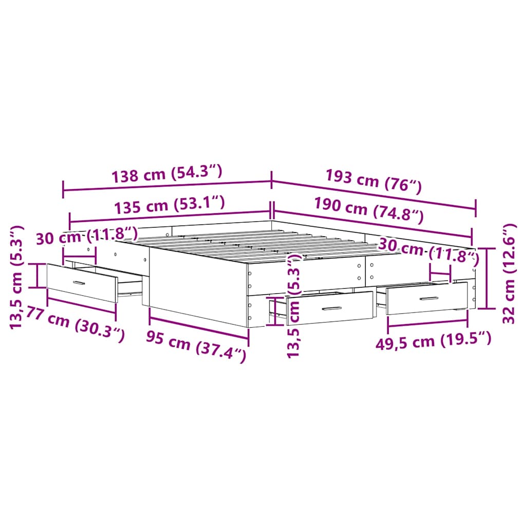 Bed Frame with Drawer Old Wood 135 x 190 cm Engineered Wood