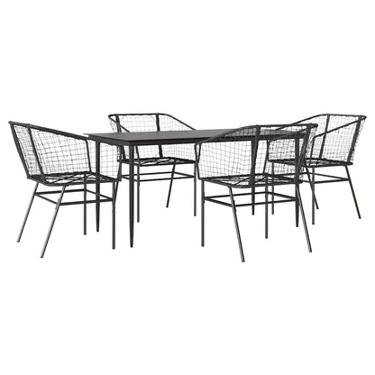 5 Piece Garden Dining Set Black Poly Rattan Glass