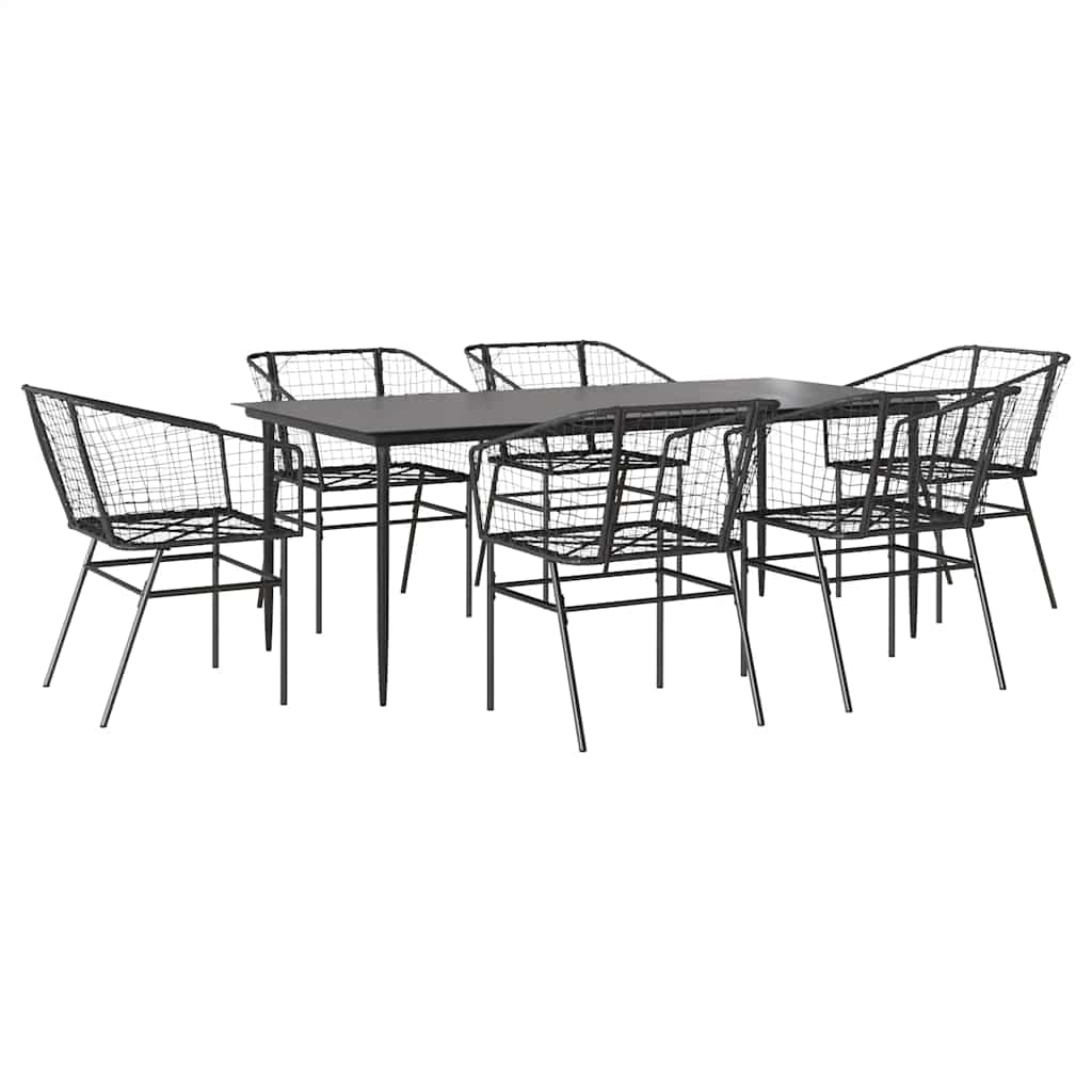 7 Piece Garden Dining Set Black Poly Rattan Glass