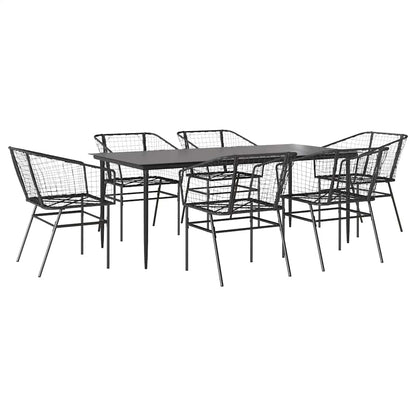 7 Piece Garden Dining Set Black Poly Rattan Glass