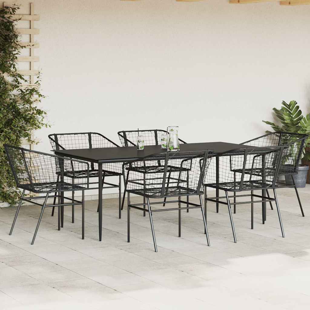 7 Piece Garden Dining Set Black Poly Rattan Glass