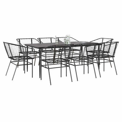 9 Piece Garden Dining Set Black Poly Rattan Glass