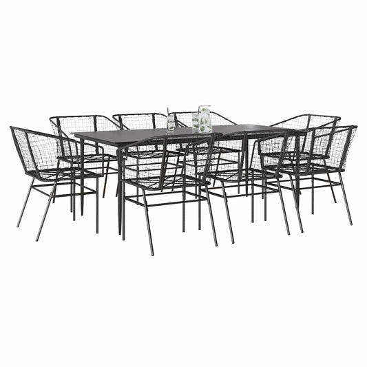 9 Piece Garden Dining Set Black Poly Rattan Glass