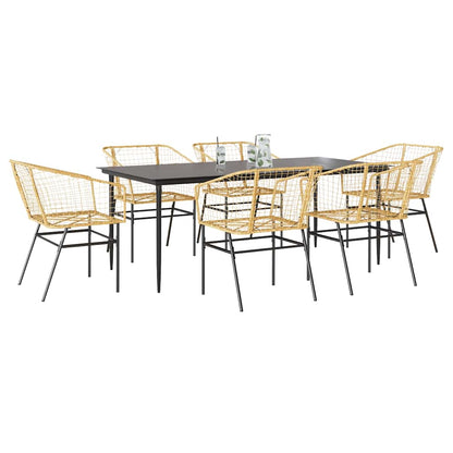 7 Piece Garden Dining Set Brown Poly Rattan Glass