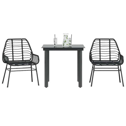 3 Piece Garden Dining Set Black Poly Rattan Glass