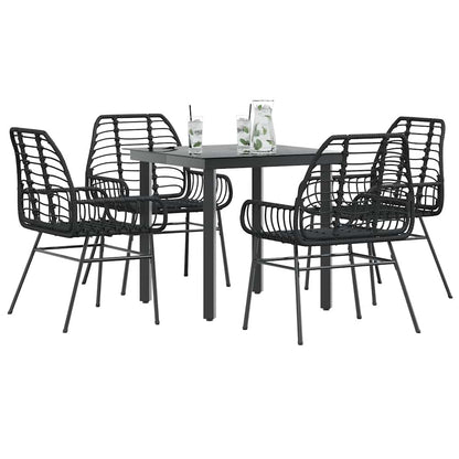 5 Piece Garden Dining Set Black Poly Rattan Glass
